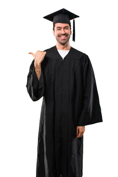 Man His Graduation Day University Pointing Side Finger Present Product Royalty Free Stock Images