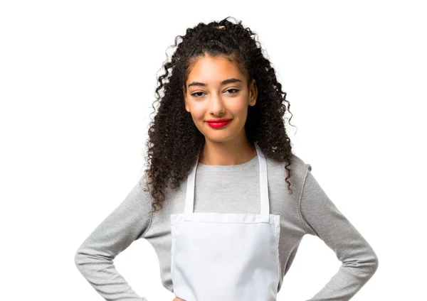 Menina Com Avental Posando Com Braços Fundo Branco Hipon — Fotografia de Stock