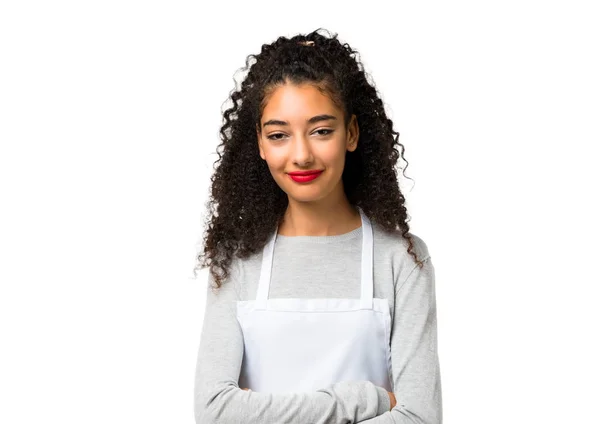 Young Girl Apron Keeping Arms Crossedon White Background — Stock Photo, Image