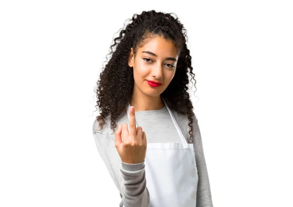 Jong Meisje Met Een Schort Die Hoorn Gebaar Maakt Negatieve — Stockfoto