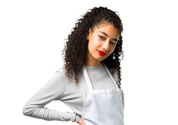 Young Girl Apron Unhappy Suffering Backache Having Made Efforton White — Stock Photo, Image