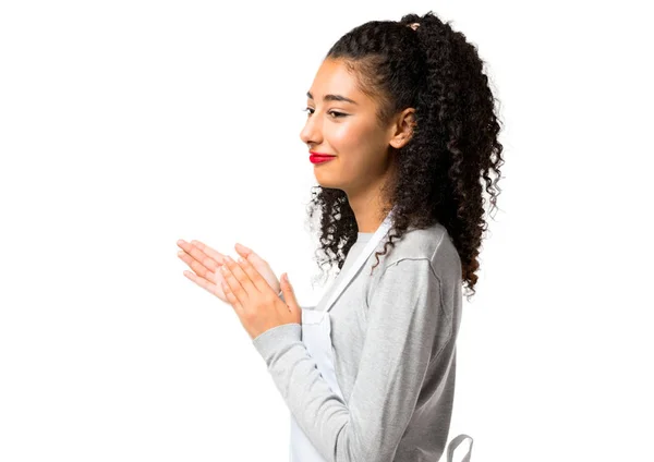 Young Girl Apron Applauding Presentation Conferenceon White Background — Φωτογραφία Αρχείου