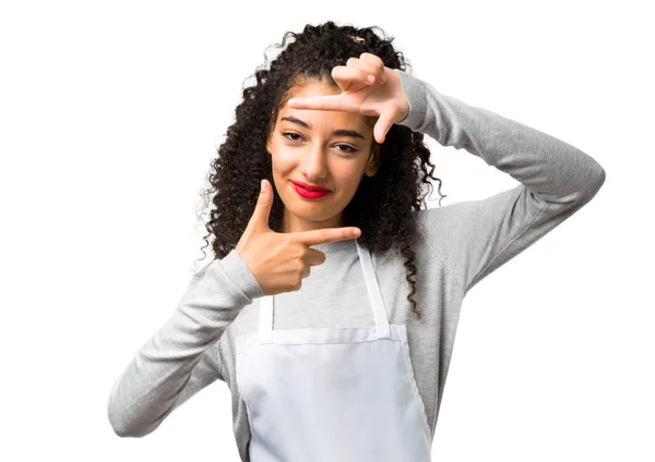 Young Girl Apron Focusing Face Framing Symbolon White Background — 스톡 사진