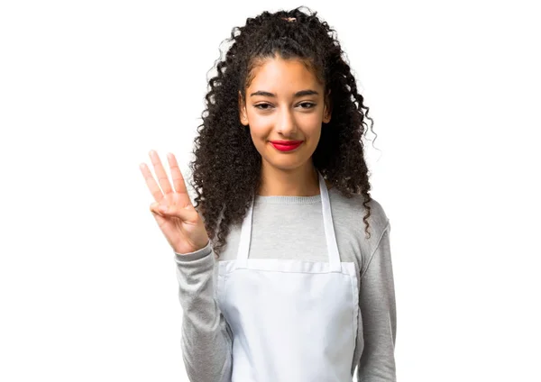 Young Girl Apron Happy Counting Three Fingerson White Background — 图库照片