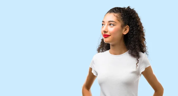 Young Girl Curly Hair Stand Looking Blue Background — 스톡 사진