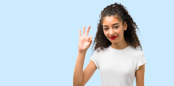 Young Girl Curly Hair Showing Sign Fingers Face Happiness Satisfaction — Stock Photo, Image