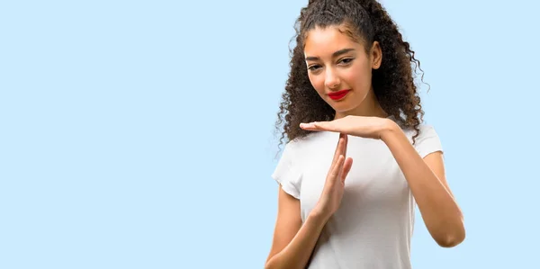 Young Girl Curly Hair Making Stop Gesture Her Hand Stop — Stock Photo, Image