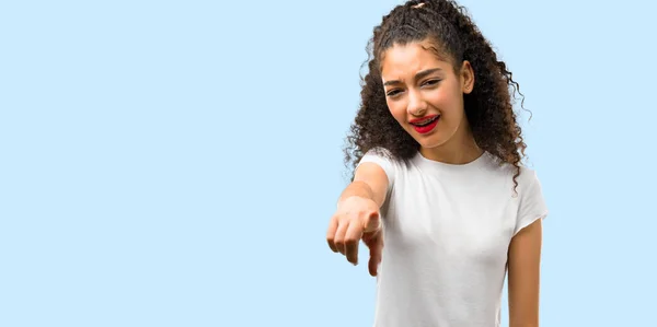 Young Girl Curly Hair Annoyed Angry Furious Gesture Frustrated Bad — Stock Photo, Image