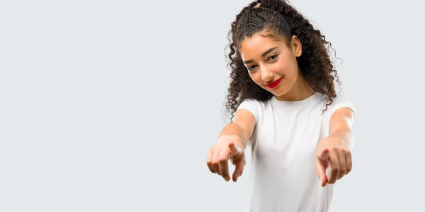 Young Girl Curly Hair Points Finger You While Smiling Grey — Stock fotografie