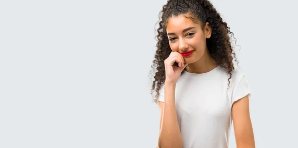 Young Girl Curly Hair Smiling Sweet Expression Grey Background — Stock Photo, Image