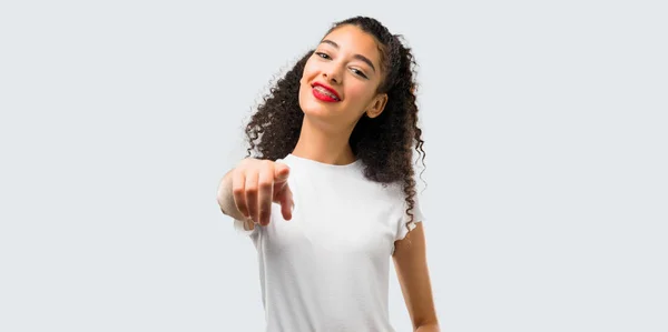 Young Girl Curly Hair Pointing Finger Someone Laughing Lot Grey — Stock Photo, Image