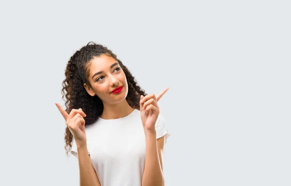 Young Girl Curly Hair Pointing Index Finger Great Idea Looking — Stock Photo, Image