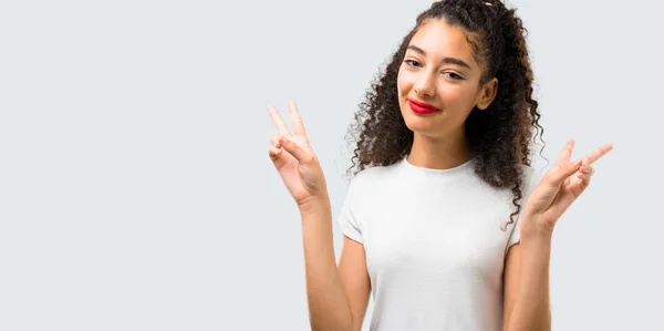 Young Girl Curly Hair Smiling Showing Victory Sign Both Hands — 스톡 사진