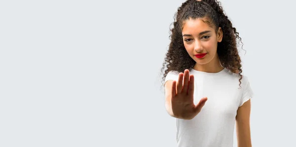 Young Girl Curly Hair Making Stop Gesture Her Hand Denying — Stock Photo, Image