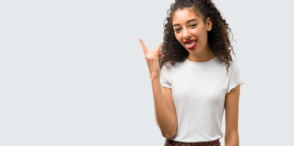Young Girl Curly Hair Showing Tongue Camera Having Funny Look — Stock Photo, Image