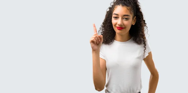 Young Girl Curly Hair Showing Lifting Finger Sign Best Grey — Stock Photo, Image