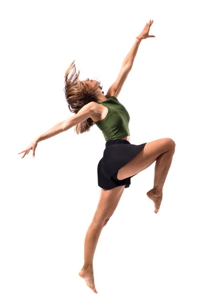 Jong Meisje Dansen Springen Studio Geïsoleerde Achtergrond — Stockfoto