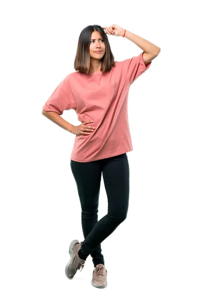 Hoofdgedeelte Van Jong Meisje Met Roze Shirt Twijfels Met Confuse — Stockfoto