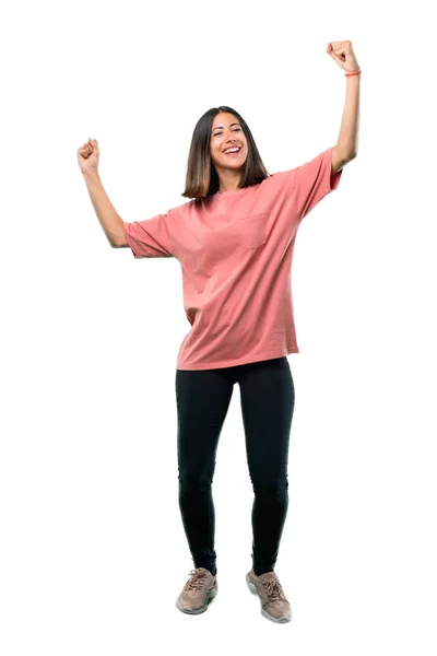 Full Body Young Girl Pink Shirt Celebrating Victory Winner Position — Stock Photo, Image