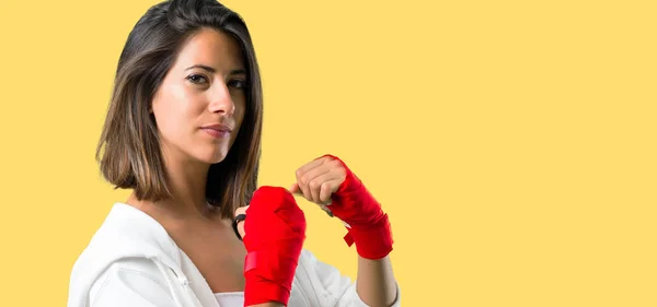 Sport Woman Boxing Bandages Yellow Background — Zdjęcie stockowe