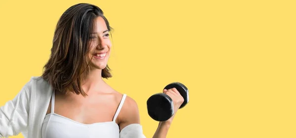 Sport Woman Making Weightlifting Yellow Background — Stock Photo, Image