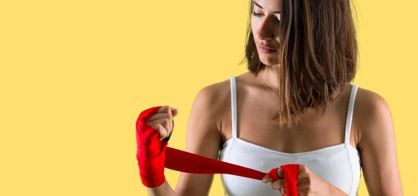Sport Woman Boxing Bandages Yellow Background — ストック写真