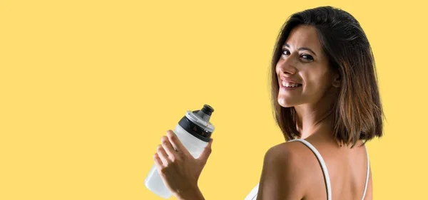 Sport Woman Bottle Yellow Background — Stock Photo, Image