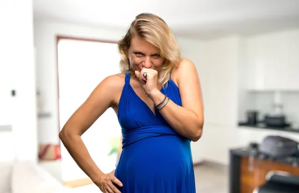 Pregnant Blonde Woman Blue Dress Suffering Cough Feeling Bad Her — Φωτογραφία Αρχείου