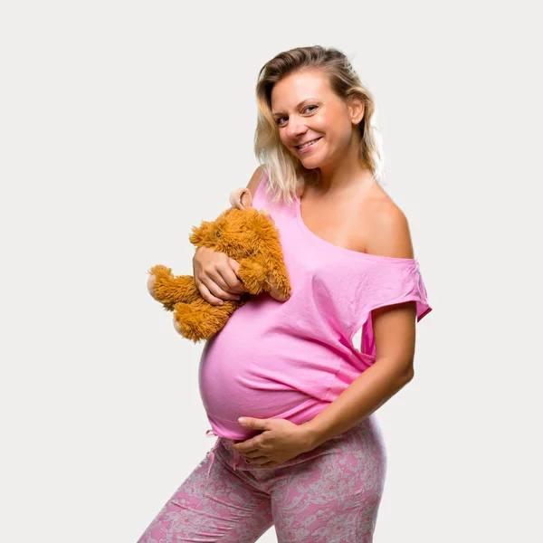 Mulher Grávida Pijama Com Bicho Pelúcia Fundo Cinza Isolado — Fotografia de Stock