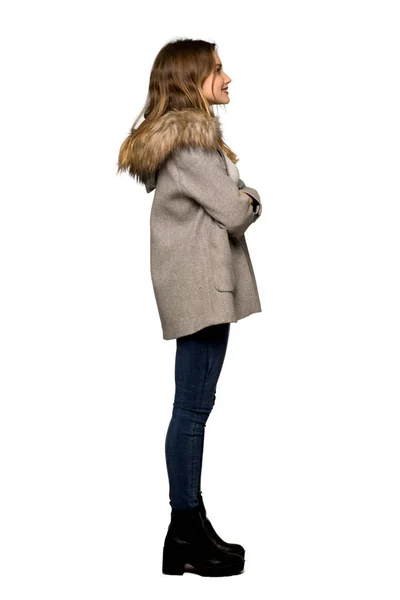 Full Length Shot Teenager Girl Coat Lateral Position Isolated White — Stock Photo, Image