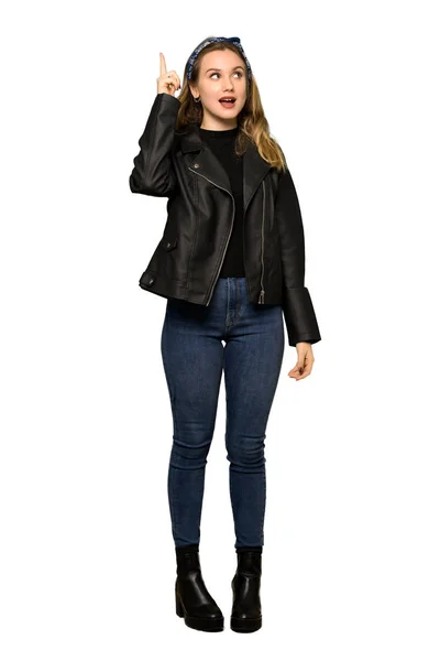 Full Length Shot Teenager Girl Leather Jacket Intending Realizes Solution — Stok fotoğraf