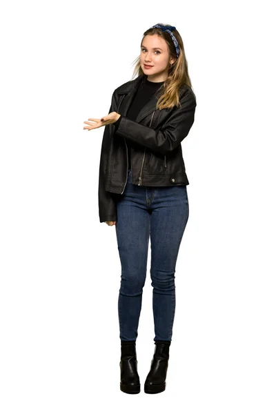 Full Length Shot Teenager Girl Leather Jacket Presenting Idea While — Stockfoto