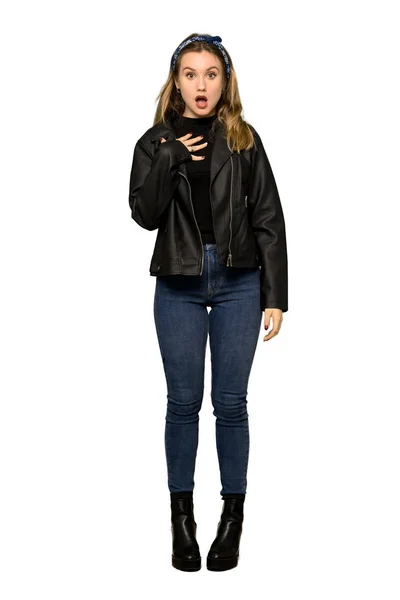 Full Length Shot Teenager Girl Leather Jacket Surprised Shocked While — Stok fotoğraf