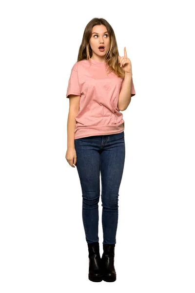 Full Length Shot Teenager Girl Pink Sweater Thinking Idea While — Stock Photo, Image