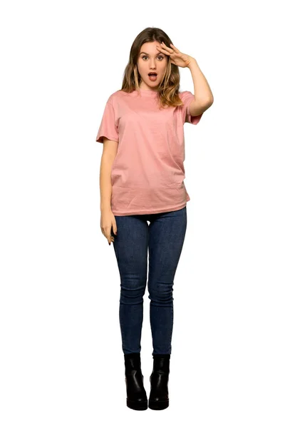 Full Length Shot Teenager Girl Pink Sweater Enjoy Dancing While — Stock Photo, Image