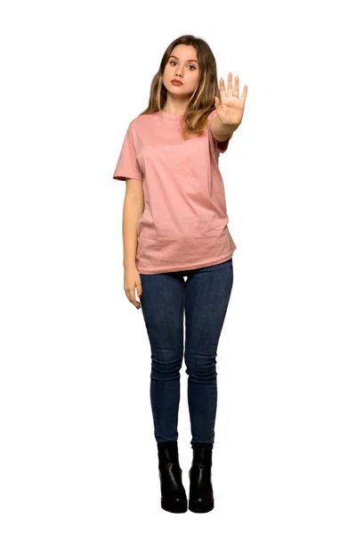 분홍색 스웨터 상황에 좌절된 여자의 — 스톡 사진