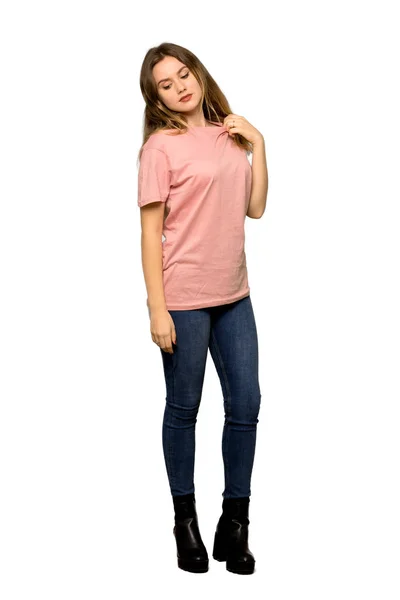 Full Length Shot Teenager Girl Pink Sweater Lot Heat Isolated — Stock Photo, Image