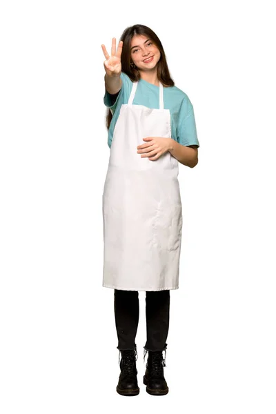 Full Length Shot Girl Apron Happy Counting Three Fingers Isolated — 图库照片
