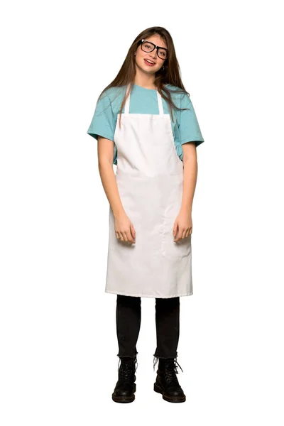 Full Length Shot Girl Apron Glasses Happy Isolated White Background — Stock Photo, Image