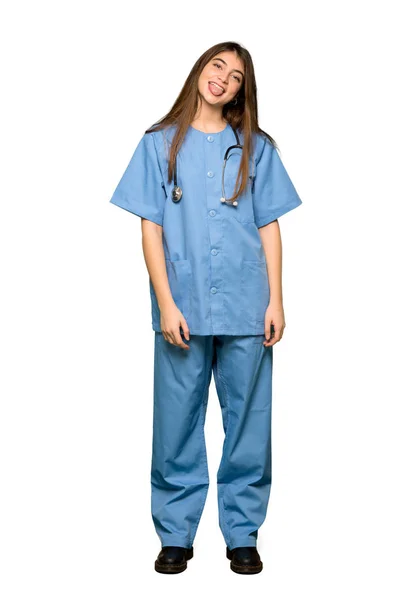 Full Length Shot Young Nurse Showing Tongue Camera Having Funny — Stock Photo, Image