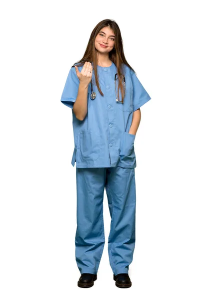 Full Length Shot Young Nurse Inviting Come Hand Happy You — Stock Photo, Image