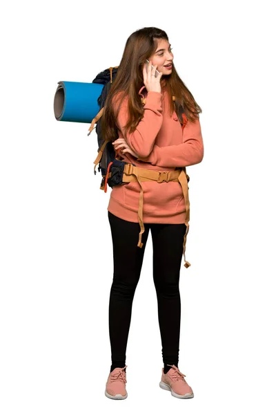 Full Length Shot Hiker Girl Keeping Conversation Mobile Phone Isolated — Stock Photo, Image