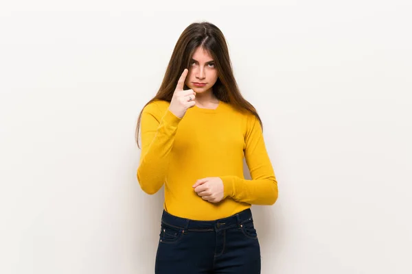 Young Woman Yellow Sweater Frustrated Bad Situation Pointing Front — Stok fotoğraf