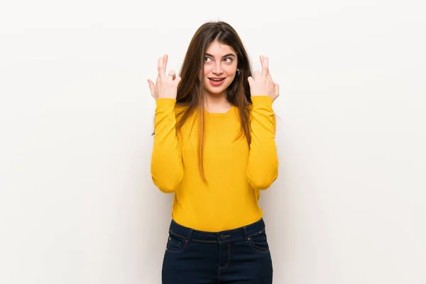Young Woman Yellow Sweater Fingers Crossing Wishing Best — Stock Photo, Image