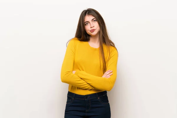 Young Woman Yellow Sweater Feeling Upset — Stock Photo, Image