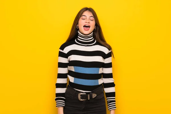 Young Woman Yellow Wall Shouting Front Mouth Wide Open — Stock Photo, Image