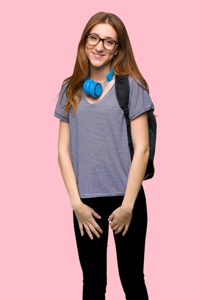 Redhead Student Woman Glasses Happy Isolated Pink Background — Stockfoto