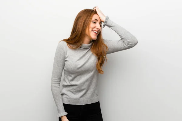 Redhead Girl White Wall Has Just Realized Something Has Intending — Stock Photo, Image
