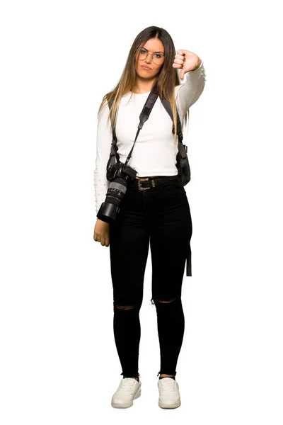 Full Body Young Photographer Woman Showing Thumb Sign Negative Expression — Stock Photo, Image