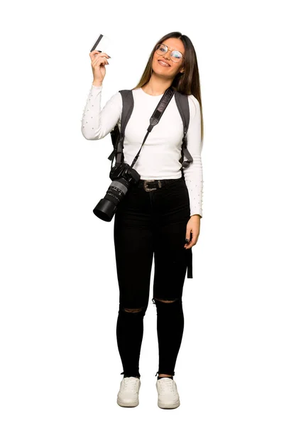Full Body Young Photographer Woman Holding Credit Card — Stock Photo, Image